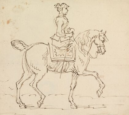 Woman Wearing a Tricorne Hat, Riding to Right
