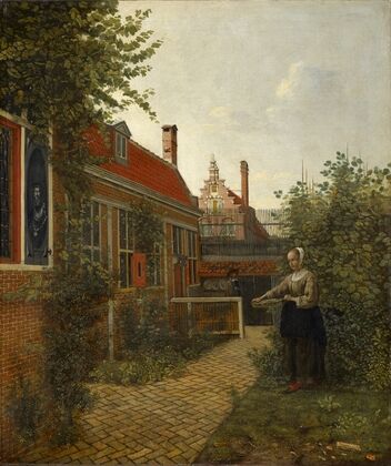 Woman with a Basket of Beans in a Kitchen Garden