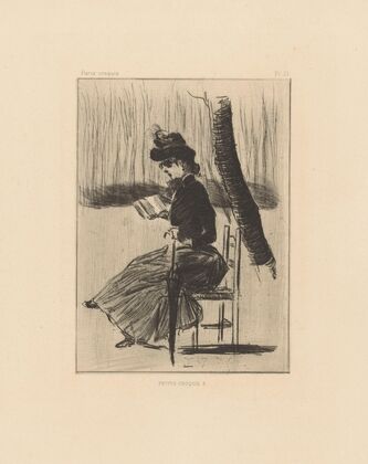 Woman with a book and umbrella on a chair outside (1888)