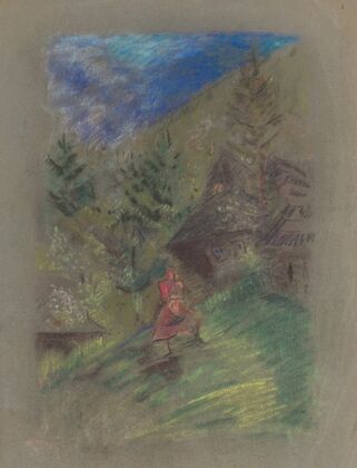 Woman with a Child in front of Cottages