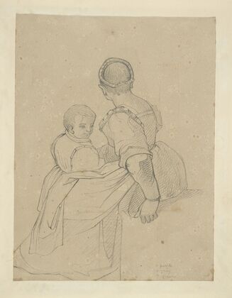 Woman with back turned toward viewer with boy on her lap