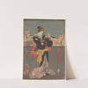 Woman with Black Wrap against Grey Fence [cherry trees in bloom in background] by Toyokuni Utagawa