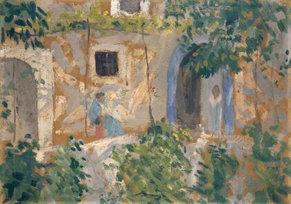 Woman with Child in front of a House
