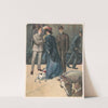 Woman with dog and two men watched by man with horse in foreround by Anonymous