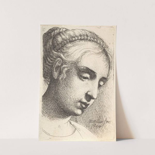 Woman with string of pearls in her hair looking downwards to right (1645) by Wenceslaus Hollar