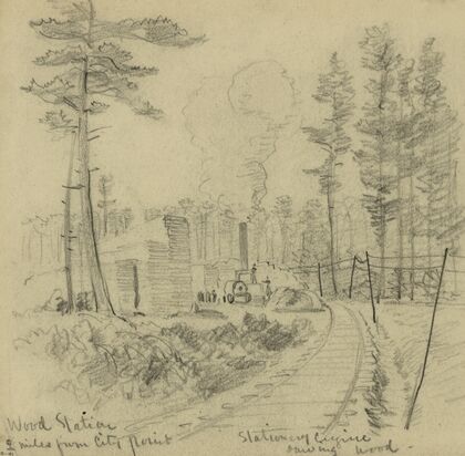 Wood Station. 2 miles from City point. Stationary engine, sawing wood