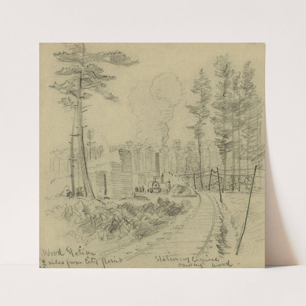 Wood Station. 2 miles from City point. Stationary engine, sawing wood (1860-1865) by Alfred Rudolph Waud