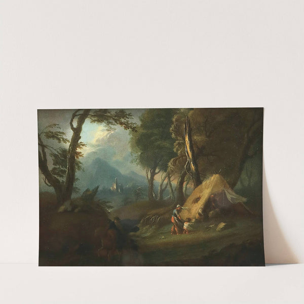 Wooded landscape with a hut in a storm by German School
