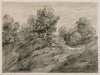 Wooded upland landscape with shepherd and sheep and country track winding around a knoll