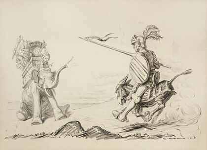 Woodrow Wilson as a knight fiercely charges on the Democratic Party donkey towards the Republican Party elephant (1918)