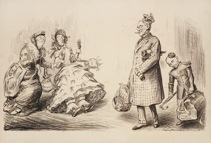 Woodrow Wilson walks by two shocked older ladies representing Prohibition and Democracy (1919)