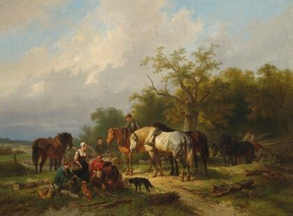 Woodworkers resting on the edge of a forest