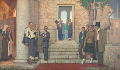 Wounded and Sick Men Gathered Outside a Hospital