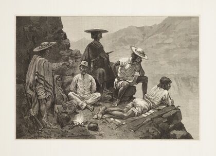 Yaqui Indian refugees with captive Mexican soldier (1888)