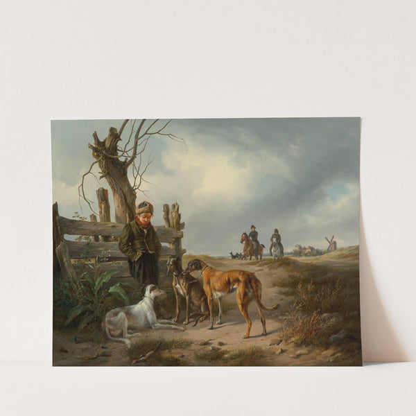 Young boy resting beside a fence with hunting dogs (1835) by Carl Friedrich Schulz
