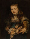 Young girl holding flowers and a document tied with a blue ribbon