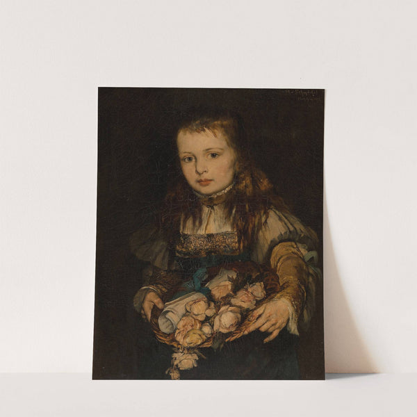 Young girl holding flowers and a document tied with a blue ribbon by Max von Schmaedel