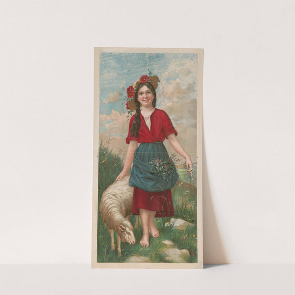 Young girl, wearing a red dress and blue apron full of wildflower (1900) by Gray Litho. Co