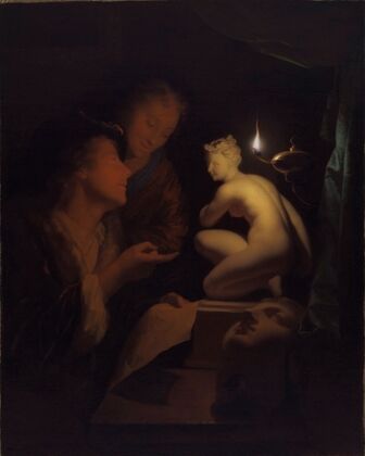 Young Man and Woman Studying a Statue of Venus, by Lamplight
