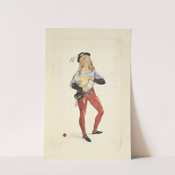 Young man wearing tights, blouse, hip belt with purse, and hat with feather by Stewart Watson