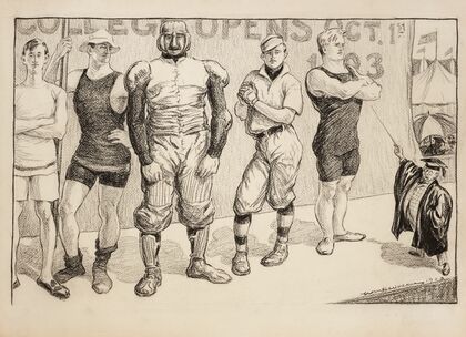 Young men in athletic uniforms of various sports under a sign reading ‘college opens Oct. 1st.’ (1903)