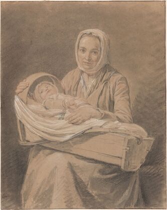 Young Mother Seated, Holding her Baby in a Portable Crib on her Knees