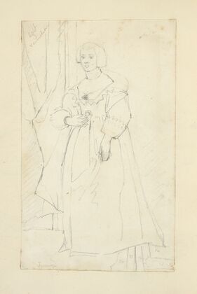 Young woman in long dress with fitted bodice, full sleeves, and square, deeply cut neckline