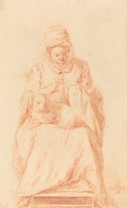 Young Woman Sewing with a Dog Resting on Her Lap