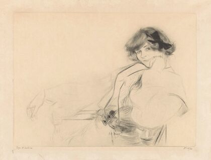 Young woman with a bow in her hair sitting on a chair (1905)