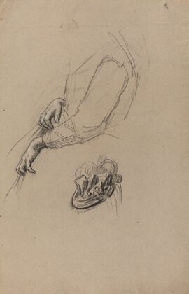 Young Woman’s Hands and Beribboned Hat