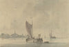 Zeilende schuiten op het water voor een Hollands stadje