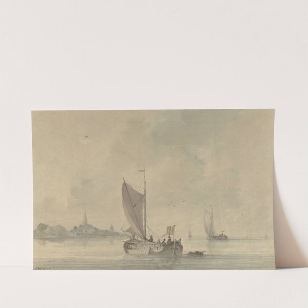 Zeilende schuiten op het water voor een Hollands stadje by Nicolaas Wicart