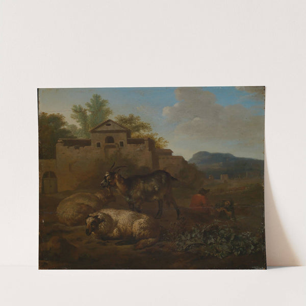 Ziege und Schafe mit musizierenden Hirten in Landschaft by Daniel de Bondt