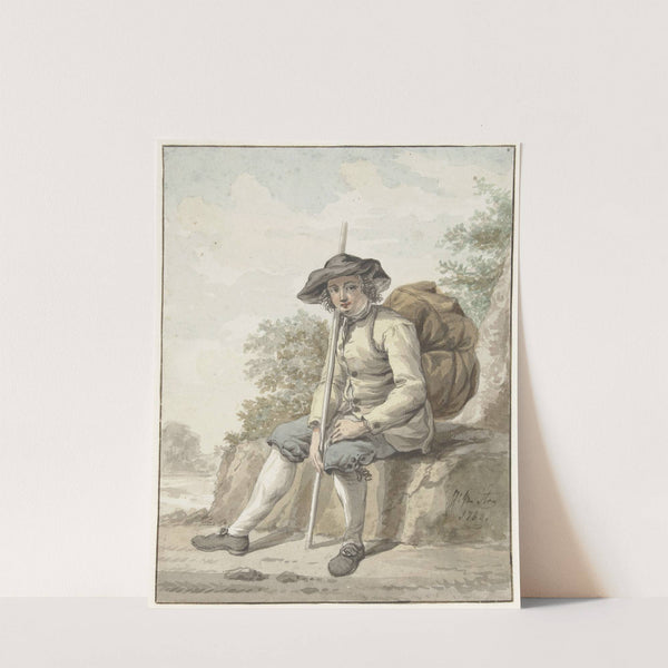 Zittende man met een knapzak en een stok by Jacob van Strij
