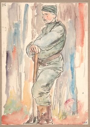 Żołnierz Legionów Polskich przy kopaniu rowów strzeleckich (1916)