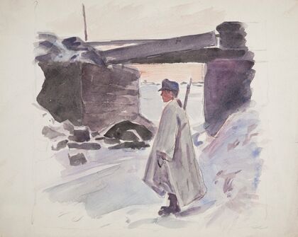 żołnierz Legionu Ukraińskich Strzelców Siczowych (1914-1920) stojący na warcie przy moście