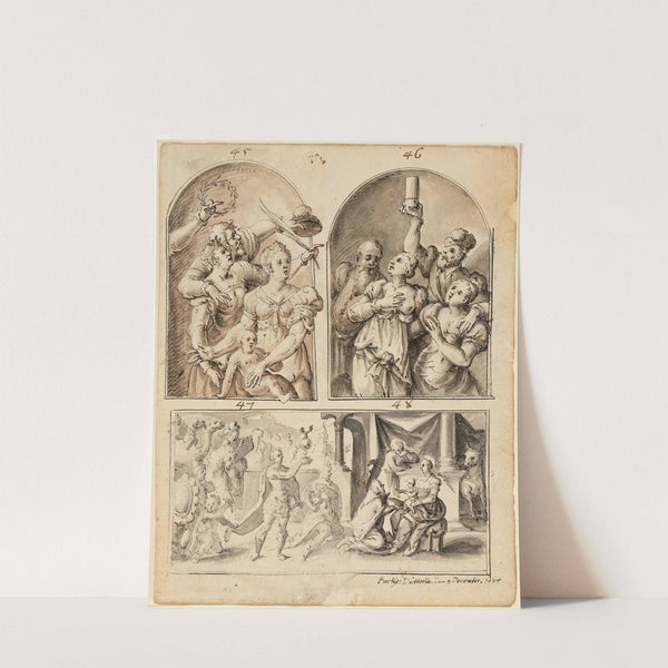 Zwei Figurengruppen in Nischen; Anbetung der Könige by Bartholomäus Dietterlin
