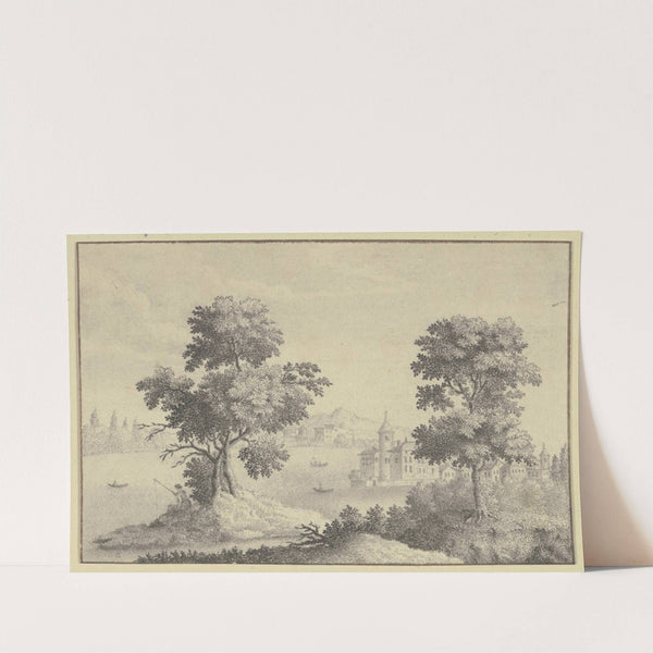 Zwei hohe Bäume mit Durchblick auf ein Wasserschloß und ferne Berge by Johann Rudolf Studer