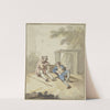 Zwei Männer bei einer Steinbank am Boden lagernd by Gottlieb Welté