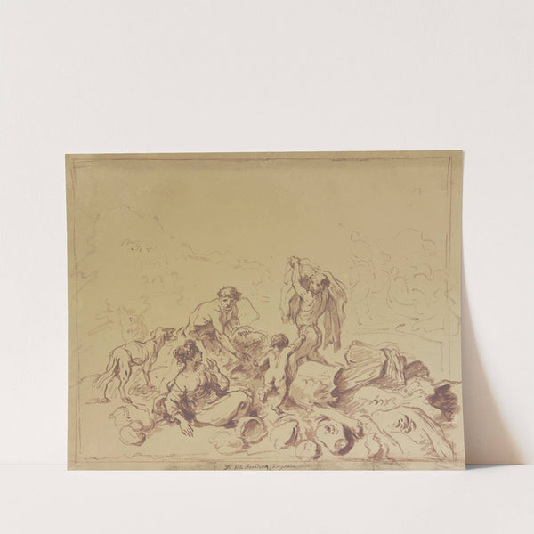 Zwei Männer, Frau und Kind an einer Wasserstelle zwischen antiken Architekturfragmenten by Giovanni Benedetto Castiglione