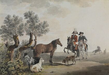 Zwei Reiter, die ihren Weg über eine Tierweide nehmen (1783)
