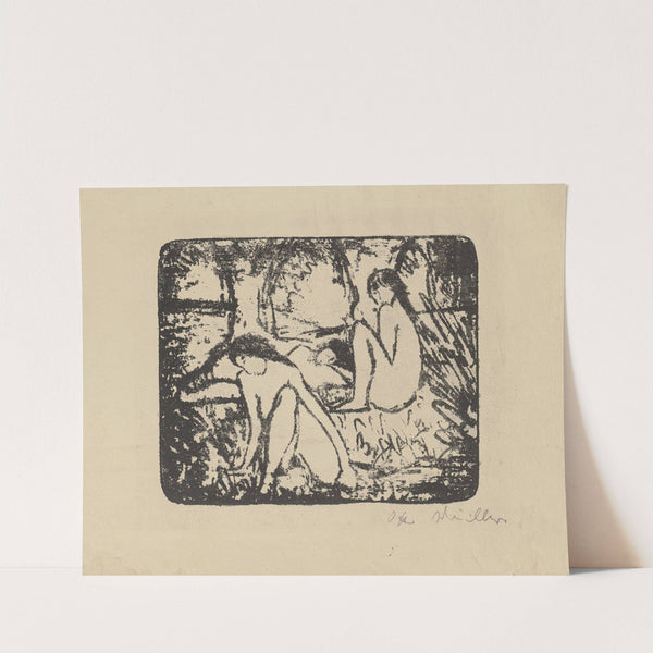 Zwei sitzende Mädchen vor liegender Figur by Otto Mueller