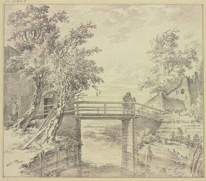 Zwischen Häusern eine Brücke über einen Kanal, auf welcher ein Mann und ein Mädchen stehen